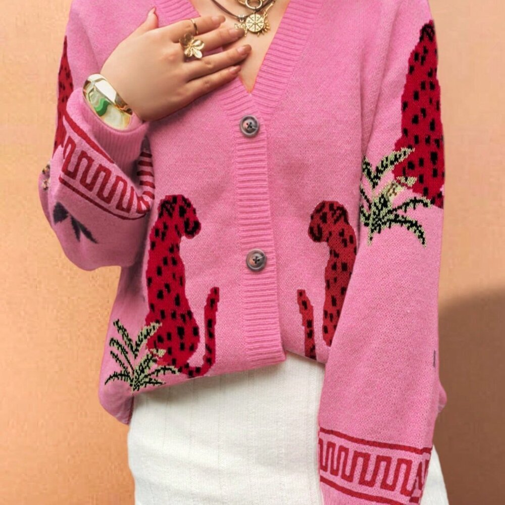 Pink Casual Women's Starfish Hat & Leopard Jacquard Cardigan - Picture 3 of 6